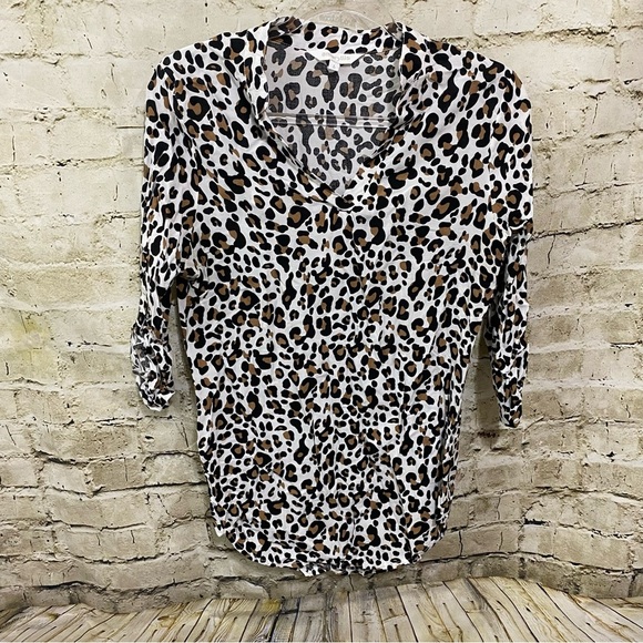 Amaryllis Black Brown Leopard Print 3/4 Sleeve V Neck Tunic Top - Picture 1 of 5